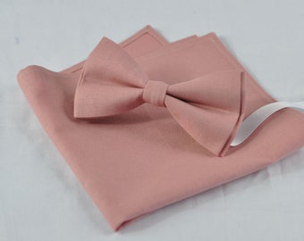 Men 100% Cotton Quality Dusky Dusty Rose Pink Blush Pink Handmade Bow Tie Bowtie matched pocket Square Hanky Handkerchief  Wedding