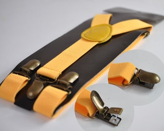 Yellow 25MM Elastic Y-Back Suspenders Braces Bronze Metal Clips for Men Adult / Youth / Kids Boy /Toddler Baby Infant