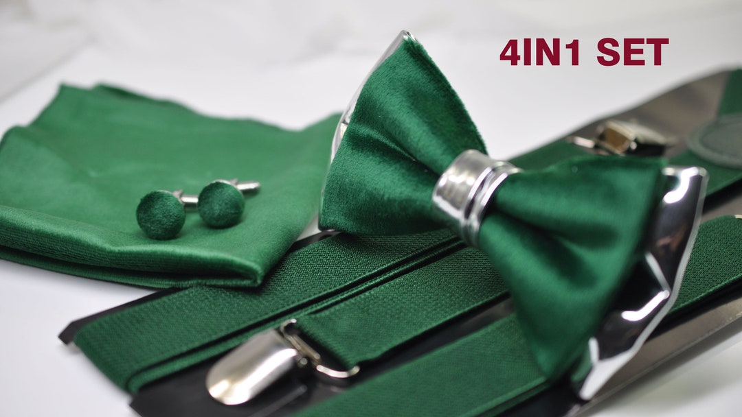 Elegant Set Of Elastic Suspenders, Bow Tie And Pocket Square In Dusty Blue Jacquard Silk - Foto 5