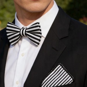 May include: A black and white striped bow tie and a matching pocket square worn with a crisp white button-down shirt and a solid black suit jacket. The bow tie features a classic horizontal striped pattern, while the pocket square is folded.
