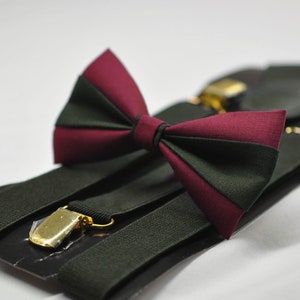 Army Green Olive and Wine Red Burgundy Bow tie Bowtie + Army Green Suspenders Braces for Men / Youth/ Boys Kids / Baby Infant Toddler