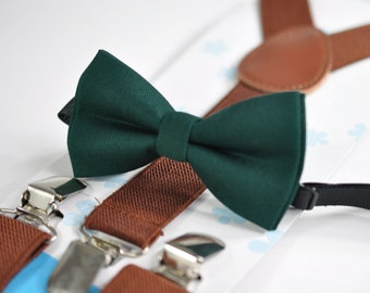 Dark Emerald Green Bottle Green Cotton Bow tie + BROWN Elastic Suspenders Braces for Baby infant Toddler/ Kids Boy / Youth Teenage / Men