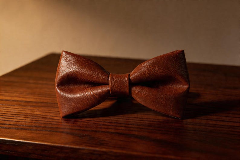 May include: A brown bow tie with a textured, crinkled surface finish. The bow tie features a classic double-loop shape with a central knot detail, showcasing a rich, deep brown color and a distinct, weathered appearance across the entire surface.