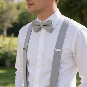 Silver Grey Light Gray Bow tie Bowtie + Matched Elastic Suspenders Braces for Men / Youth Teenage/ Boys Kids / Baby Infant Toddler
