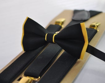 Black Yellow Cotton Bow tie bowtie and Black Elastic Golden clips suspenders Braces for Men / Youth Teenage / Boy Kids / Baby Infant toddler