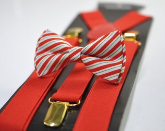 Red White Green Candy Stripes Christmas Xmas Bow tie Bowtie + Red Suspenders Braces Men / Youth/ Boys Kids / Baby Infant Toddler