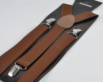 Toffee Brown 25MM Elastic Y-Back Suspenders Braces Metal Clips for Men Adult / Youth Teenage / Kids Boy /Toddler Baby Infant