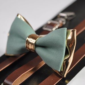 Sage Green Cotton Rose Gold Faux Leather Bow tie - Brown Faux Leather Suspenders Braces for Youth Teenage / Boy Kids / Baby Infant Toddler