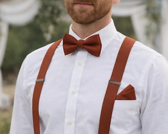 錆びた新郎のウェディング蝶ネクタイ + 伸縮性のあるサスペンダーブレース + ポケットチーフハンカチ メンズ / ユース / ボーイズ キッズ / ベビー 幼児用