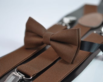 Toffee Brown COTTON Hand Made Bow tie + Matched Elastic Suspenders Braces for Baby infant Toddler/ Kids Boy / Youth Teenage / Men Adult