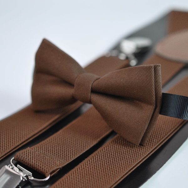 Toffee Brown COTTON Hand Made Bow tie + Matched Elastic Suspenders Braces for Baby infant Toddler/ Kids Boy / Youth Teenage / Men Adult