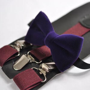 Violet Purple Blue Velvet Bow tie + Burgundy Red Elastic Suspenders Braces for baby infant toddler / Boy Kids / Youth Teenage / Men Adult