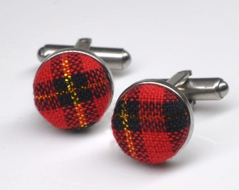 Red Green Gold Tartan Christmas Xmas Cotton Fabric Silver Cufflinks Cuff Links