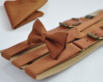 Tan Brown Cotton Bow tie + Elastic Suspenders Braces + Pocket Square Hanky Handkerchief for Men / Youth / Boys Kids / Baby Infant