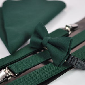 Dark Emerald Green Cotton Bow tie + Elastic Suspenders Braces + Pocket Square Hanky Handkerchief for Men / Youth / Boys Kids / Baby Infant