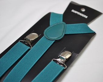 Turquoise Teal Blue 25MM Elastic Y-Back Suspenders Braces Silver Metal Clips for Men Adult / Youth Teenage / Kids Boy /Toddler Baby Infant