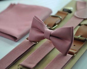 Dusty Rose Pink Cotton Bow tie + Elastic Suspenders Braces + Pocket Square Hanky Handkerchief for Men / Youth / Boys Kids / Baby Infant