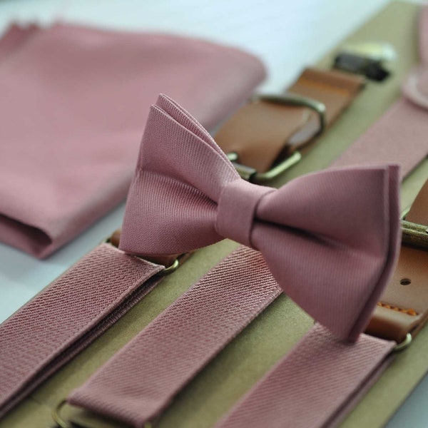 Dusty Rose Pink Cotton Bow tie + Elastic Suspenders Braces + Pocket Square Hanky Handkerchief for Men / Youth / Boys Kids / Baby Infant