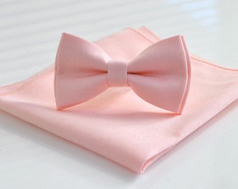 Baby Pink Light Pale PinkCOTTON Bow tie Bowtie + matched pocket Square Hanky Handkerchief  Wedding for Men / Youth / Boys Kids / Baby Infant