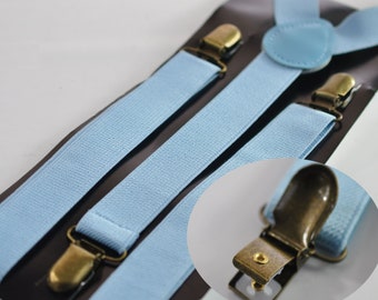 Pale Blue Light Blue 25MM Elastic Y-Back Suspenders Braces Bronze Metal Clips for Men Adult / Youth Teenage / Kids Boy /Toddler Baby Infant