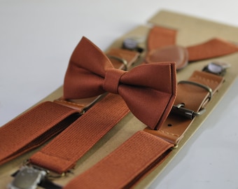 Rust Rusty Redish Brown Cotton Bow tie Bowtie + matched Elastic Suspenders Braces for Men / Youth Teenage/ Boys Kids / Baby Infant Toddler