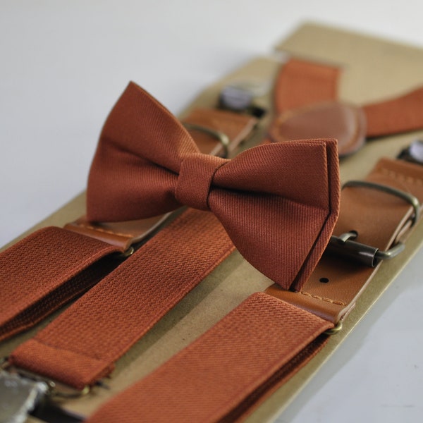 Rust Rusty Redish Brown Cotton Bow tie Bowtie + matched Elastic Suspenders Braces for Men / Youth Teenage/ Boys Kids / Baby Infant Toddler