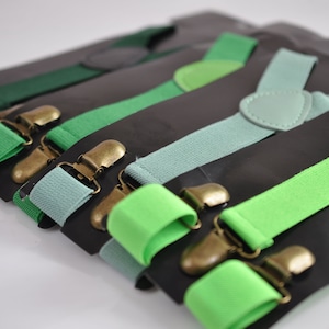 Emerald Sage Green Lime Army Green Evergreen 25mm Elasitc Suspenders Braces Bronze Clips for Men / Youth / Boy Kids / Baby Infant Toddler