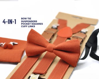 Pajarita de lino color naranja quemado Pajarita + Tirantes a juego + Pañuelos de bolsillo + Gemelos para hombres/jóvenes/niños/bebés/bebés y niños pequeños
