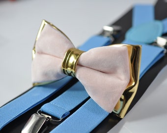 Baby Pink Velvet Gold Faux leather Bow tie + Blue Elastic Suspenders braces for Adult Men / Youth Teenage / Boy Kids / Baby Infant Toddler