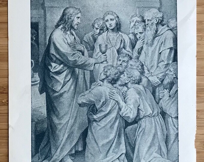 Vintage Religious Art Print Jesus the Last Supper Blue Grey Etsy