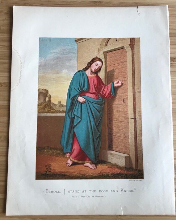 Antique Religious Art Print Bookplate Jesus Behold I Stand At The Door And Knock Artwork Lithograph Christianity Statement Art