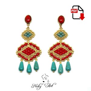 May include: A pair of long, dangling earrings with red and turquoise beads. The earrings are made with gold-colored metal and have a geometric design. The earrings are available as a PDF download.