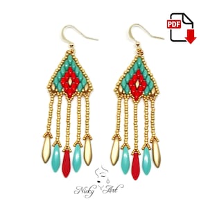 May include: A pair of long, beaded earrings with a geometric design. The earrings are made with gold, turquoise, and red beads. The earrings are in the shape of a triangle with a fringe of beads hanging from the bottom.