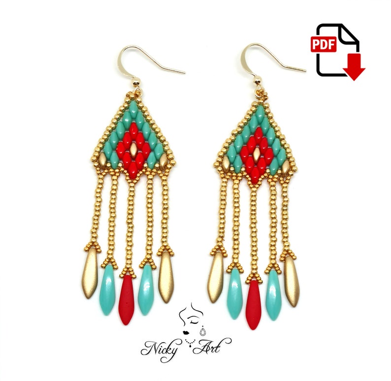 May include: A pair of long, beaded earrings with a geometric design. The earrings are made with gold, turquoise, and red beads. The earrings are in the shape of a triangle with a fringe of beads hanging from the bottom.