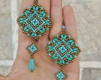 Tutorial de pendientes de mosaico - Tutorial fotográfico para pendientes con supeduo, cuentas de semillas y gotas - PDF - Patrón de abalorios para pendientes