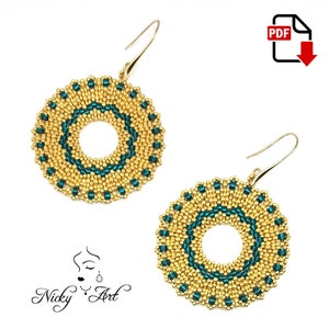 May include: Gold and teal beaded earrings with a circular design. The earrings are made with small beads and have a simple, elegant style.