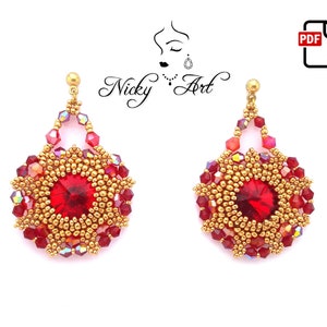 May include: A pair of red and gold beaded earrings with a large red crystal in the center of each earring. The earrings are dangling and have a teardrop shape.