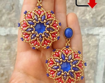 Wonder Pendientes Tutorial - tutorial fotográfico para pendientes con rivoli, gemduo, superduo, perlas de 3 mm y rocailles - Pdf- Patrón de abalorios de pendientes
