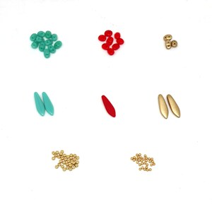 May include: Assortment of glass beads in various shapes and sizes.  The beads are turquoise, red, and gold.