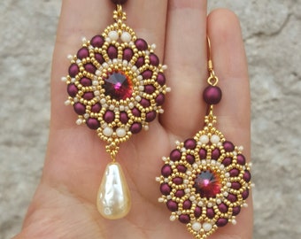 Tutorial de pendientes Elisabeth - Tutorial fotográfico de pendientes con rivoli, perlas y mostacillas - PDF - Patrón de abalorios para pendientes