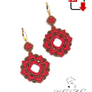 May include: A pair of red and gold beaded earrings with a circular design. The earrings are made with small beads and have a dangling drop. The earrings are available as a PDF download.