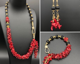 Golden starfishes long earrings with red coral and lava stone black beads