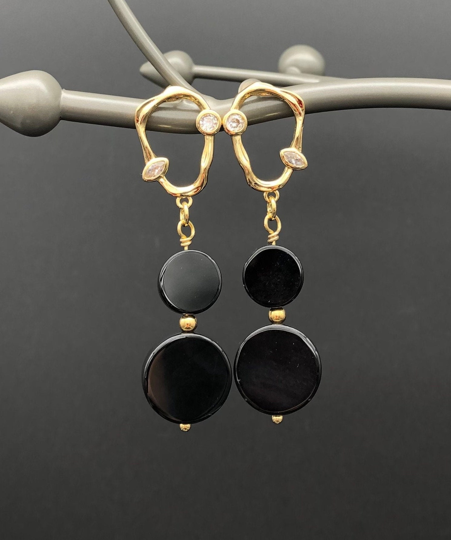 Gold Plated Stud Earrings with Natural Black Agate and Cubic Etsy
