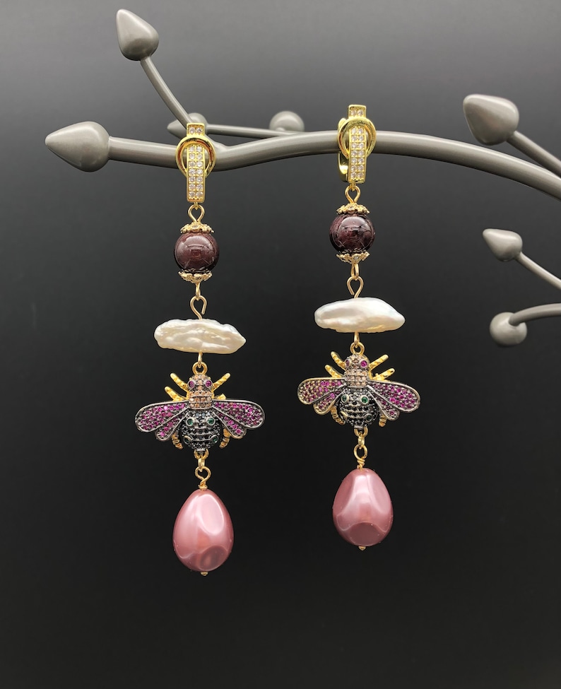 Pearls and Shell Beads Earrings with Cubic Zirconia Bees Natural Garnet Beads