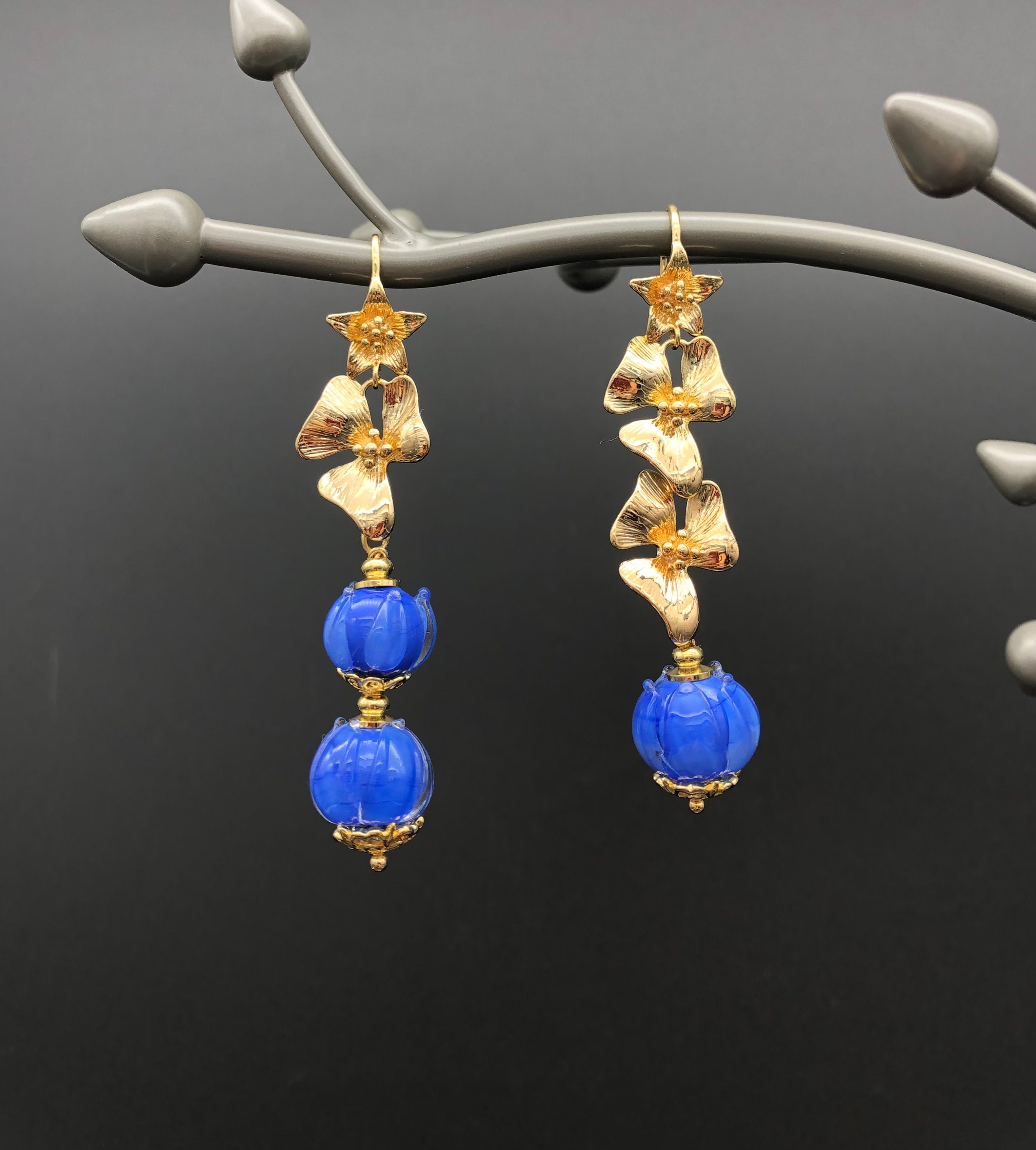 Gold Plated Asymmetrical Earrings with Handmade Lampwork Beads Etsy