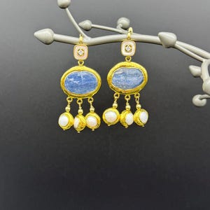 Statement Chandelier Earrings with Natural Kyanite and White Pearls, Handmade Gemstones Jewellery, Pearl Jewelry, Pearl Earrings