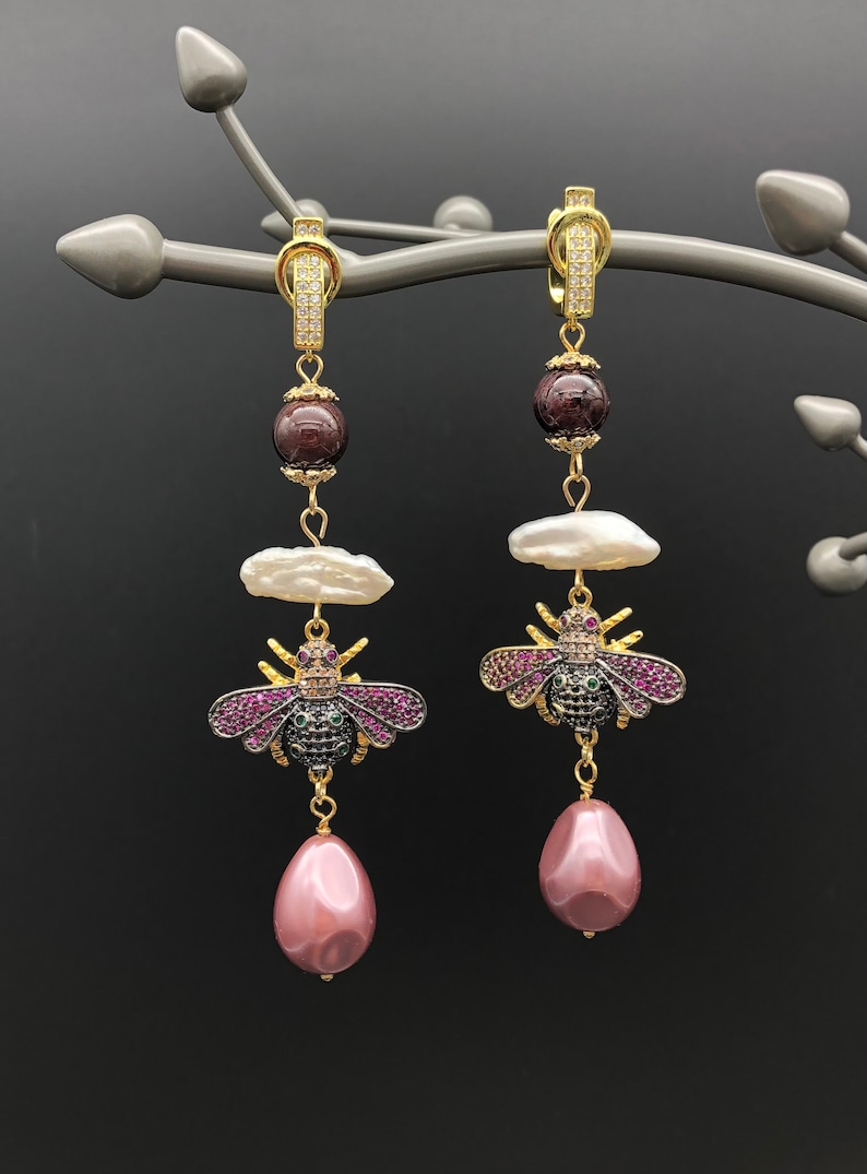 Pearls and Shell Beads Earrings with Cubic Zirconia Bees Natural Garnet Beads