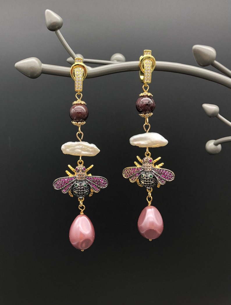 Pearls and Shell Beads Earrings with Cubic Zirconia Bees Natural Garnet Beads