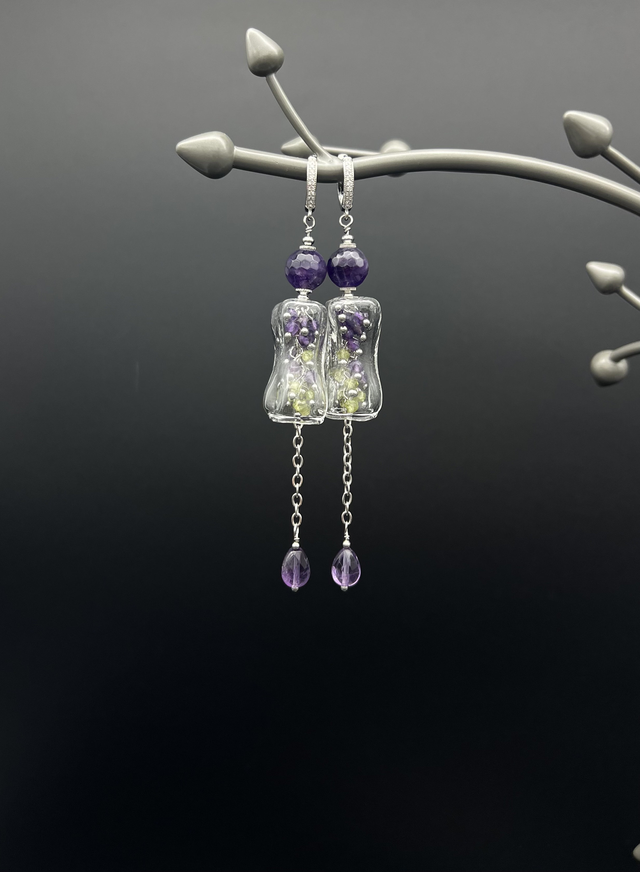 Boucles D'oreilles Goutte En Argent 925 Avec Perles Rondelles Cornaline Péridot Améthyste