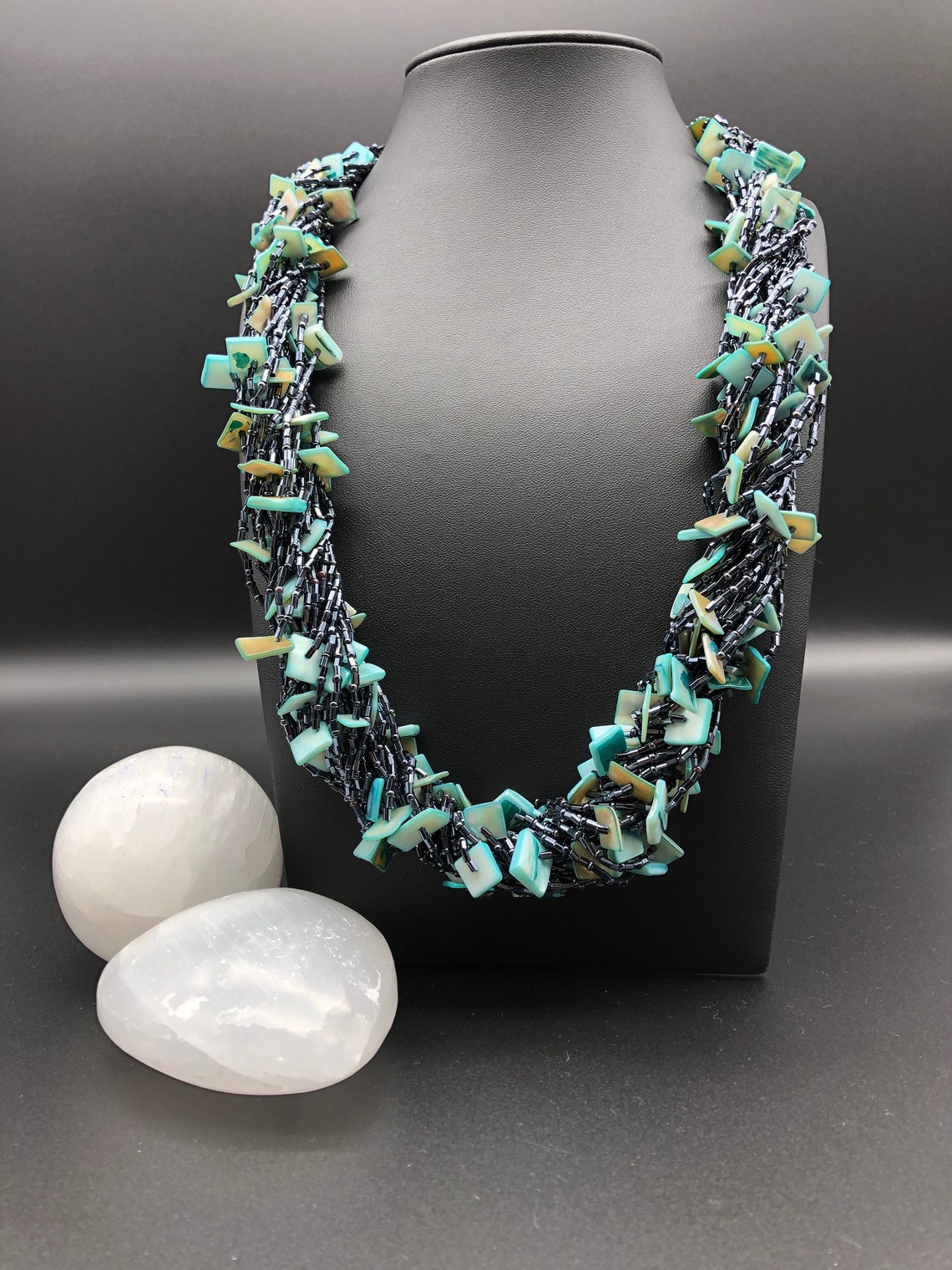 Chunky Long Necklace with Blue Shell and Black Seed Beads Etsy